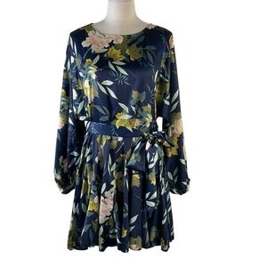 CHICWISH‎ Fit and Flare Dress Navy Floral Belted Sz Small Scoop Neck Long Sleeve
